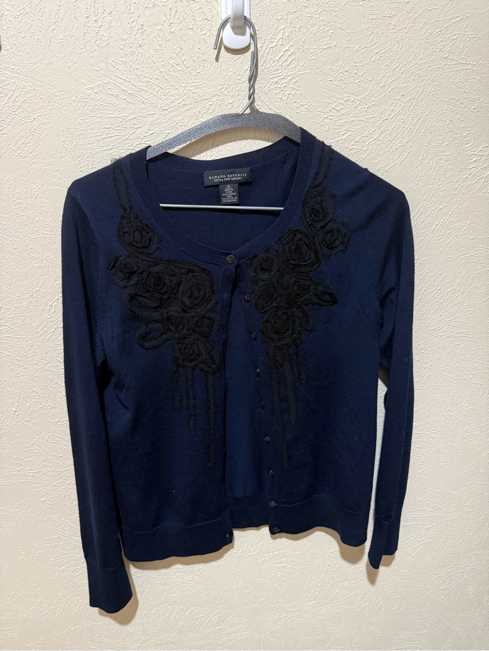 2000s Vintage Banana Republic Navy Cardigan with Black Appliqué, 100% Wool